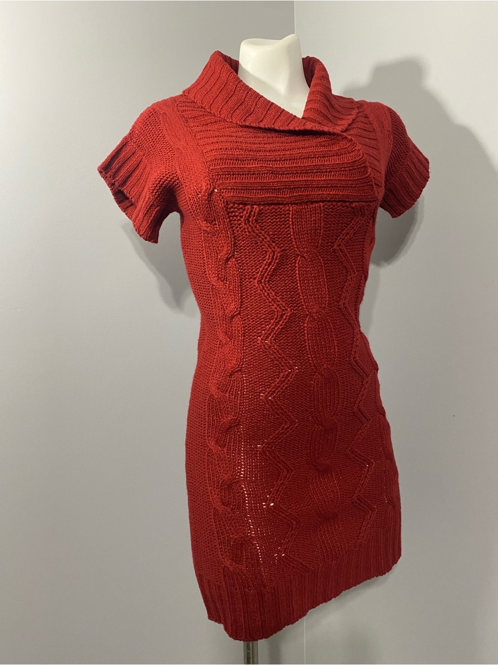 Cozy Red Cable-Knit Cowl Neck Sweater Dress by max